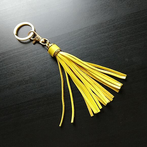 Faux Leather Yellow Tassel Keychain gold tone hardware spring hook clip 4" - Picture 1 of 7
